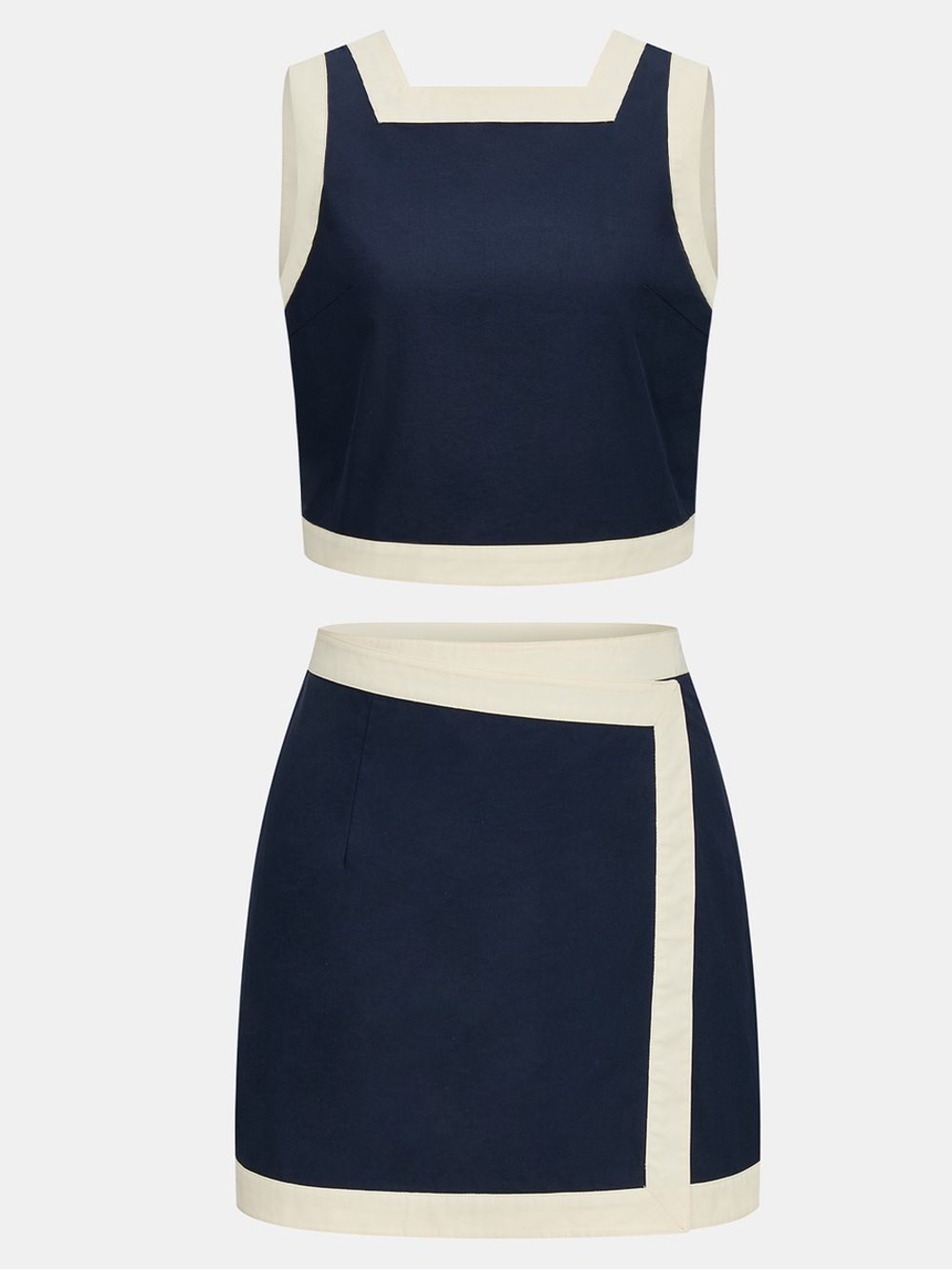 Commense Navy and Cream Two-Piece Crop Top & Mini Skirt Set